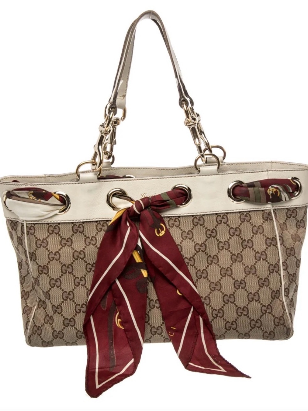Gucci Beige Monogram Canvas Tote with Burgundy Scarf Detail